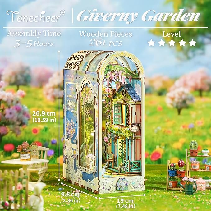 Tonecheer DIY Book Nook Kit for Adults, 3D Puzzle Wooden Miniature House Kit, Booknook Dollhouse Bookshelf Insert Decor Bookend with Dust Cover and LED Lights Gifts (Giverny Garden)