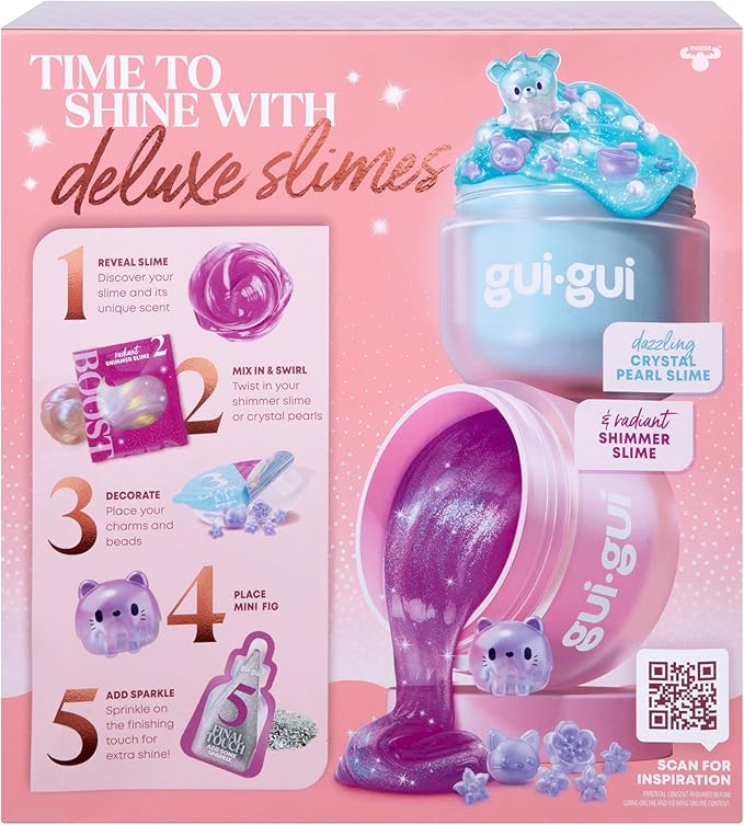 Gui Gui Scented Shimmer Deluxe Duo Pack with 2 Iridescent Slimes, 5 Step DIY Process to Customize Your Ultimate Slime Glow-Up, Resealable and Reusable Container, ASMR Experience