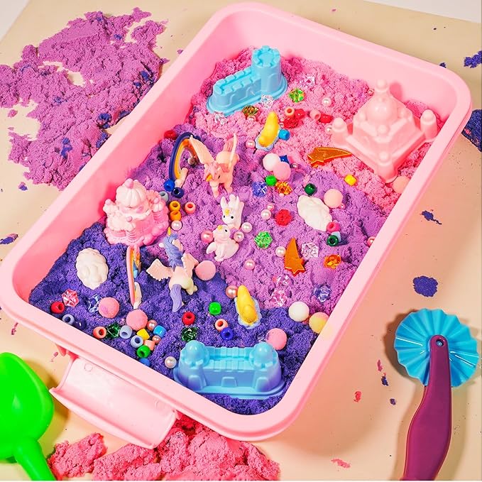Bbiamsleep Unicorn Sensory Bin, 493 Pcs Unicorn Sand Kit with Sandbox Color Sensory Sand 6 Castle Mould 9 Tools for Birthday Party