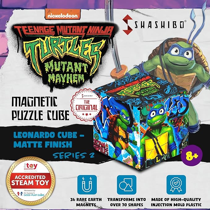 SHASHIBO Teenage Mutant Ninja Turtles Shape Shifting Box - STEM Magnetic Fidget Cube That Transforms Into Over 70 Shapes, Download Fun in Motion Toys Mobile App (Leo)