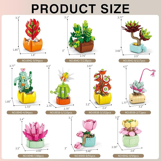 Sawaruita 10 Pack Succulents Plants Flowers Bonsai Building Set - Botanical Collection Building Toys for Adult -Gifts for Mother's Day, Valentine's Day,Easter Party Favors