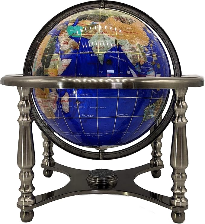 Limited Edition! Unique Art Since 1996 Blue Pearl Swirl Table Top Gemstone World Globe with Silver Zinc Alloy Stand (220MM/9 INCHES 4 LEG/BLUE PEARL OCEAN)