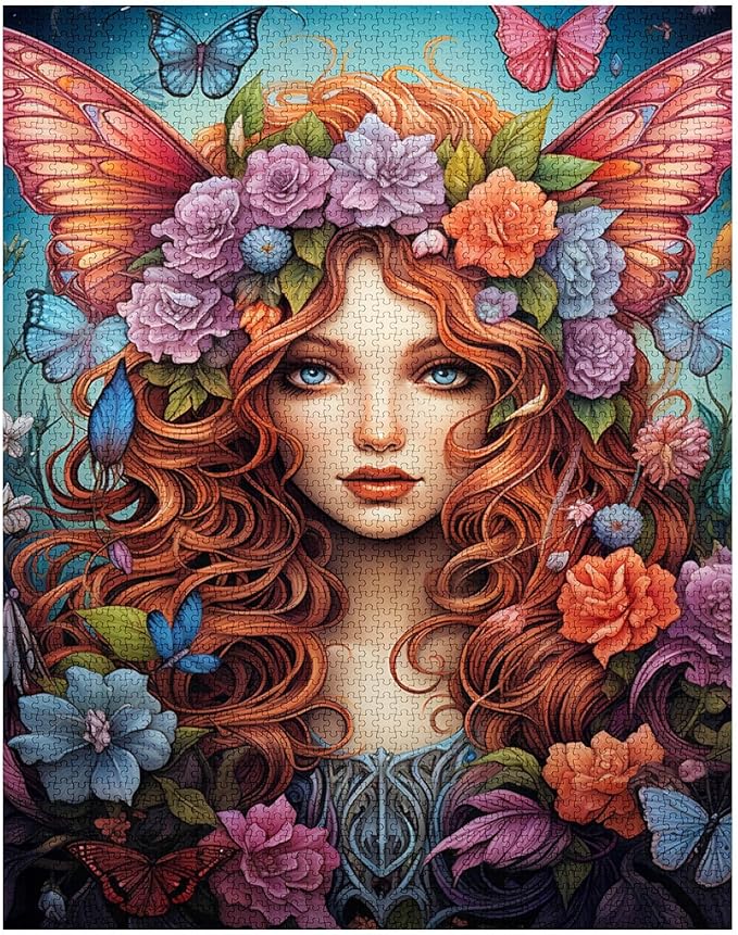 Tucocoo Flower Fairy Girl Jigsaw Puzzle 1000 Pieces Puzzles for Adults, Butterfly Woman Art Jigsaw Puzzles for Challenging Family Activity Games 27 x 20 inch Colorful DIY Puzzle for Home Decor Gifts