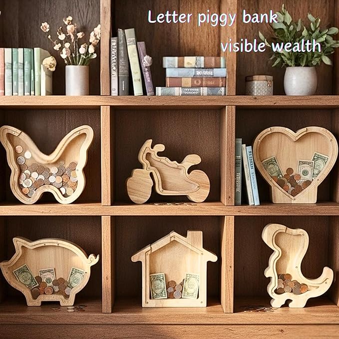 Motorcycle Shaped Wooden Piggy Bank Transparent Acrylic Panel Money Savings Box Creative Coin Bank for Kids Boys Adults, Birthday Home Décor