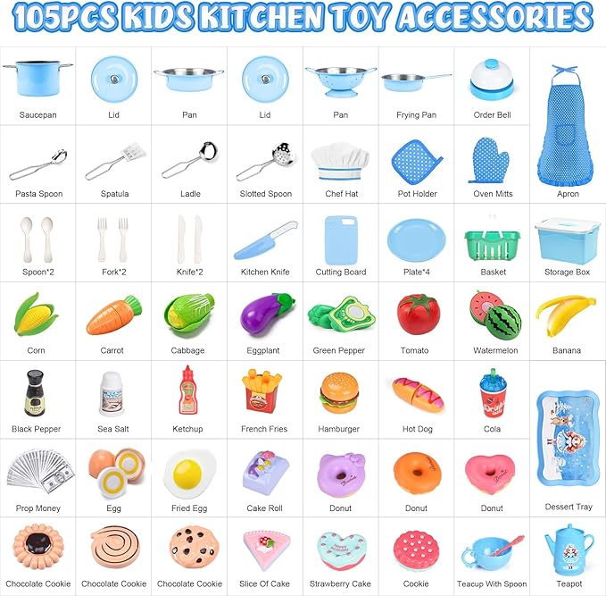 105Pcs Kids Kitchen Playset, Play Kitchen Accessories, Pretend Play Food Tea Party Set, Toy Kitchen Kids Cooking Real with Apron＆Chef Hat, Utensils Cookware, Toy Organizer, Birthday Gift for Toddler