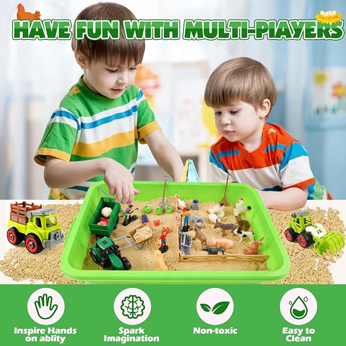 MYDOVA Farm Sensory Bin Sandbox Toys, Play Sand Farm Toys with 2.2lbs Play Sand, Farm Figures and Animals, Vegetables & Tractor Playset, Birthday Gift for Kids 3 4 5 6 7 8+ Years Old Boys Girls