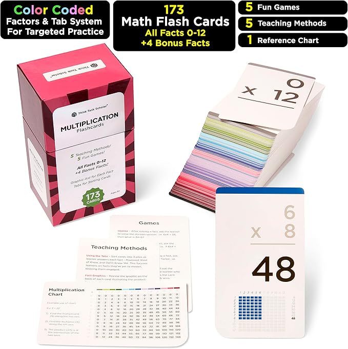 Think Tank Scholar 173 Multiplication Flash Cards Set (Award Winning) All Facts 0-12 Answer on Back, for Kids in 2ND, 3RD, 4TH, 5TH, 6TH Grade Class or Homeschool - Learn Manipulatives, Games & Chart