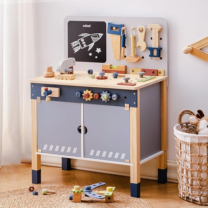 ROBUD Wooden Toy Workbench, Large Kid's Wooden Play Tool, Pretend Play Creative Building Set, Construction Workshop Tool Bench Toys, Gift for Girls & Boys, 3+