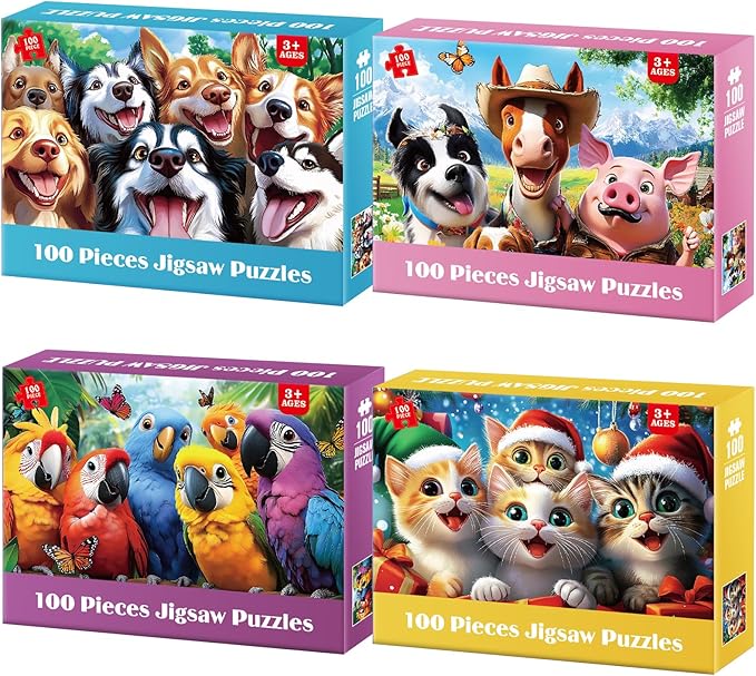 4 Packs 100 Piece Puzzles for Kids Ages 4-6 6-8 - Lovely Animals Selfies, Large Piece Puzzles for Seniors Adults Puzzle for Kids Ages 8-10 Educational Learning Puzzle Toys Gifts for 5 Year Old Child
