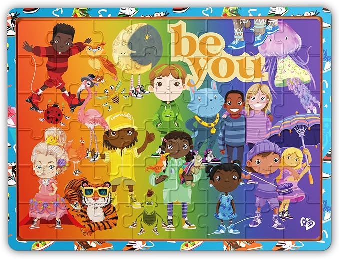 48pc FSC Wooden Tray Puzzle - Upbounders® Be You Rainbow Kicks & Zoo Animals | Colorful Sneakers, Multicultural Kids | Ages 4+ Educational Toy