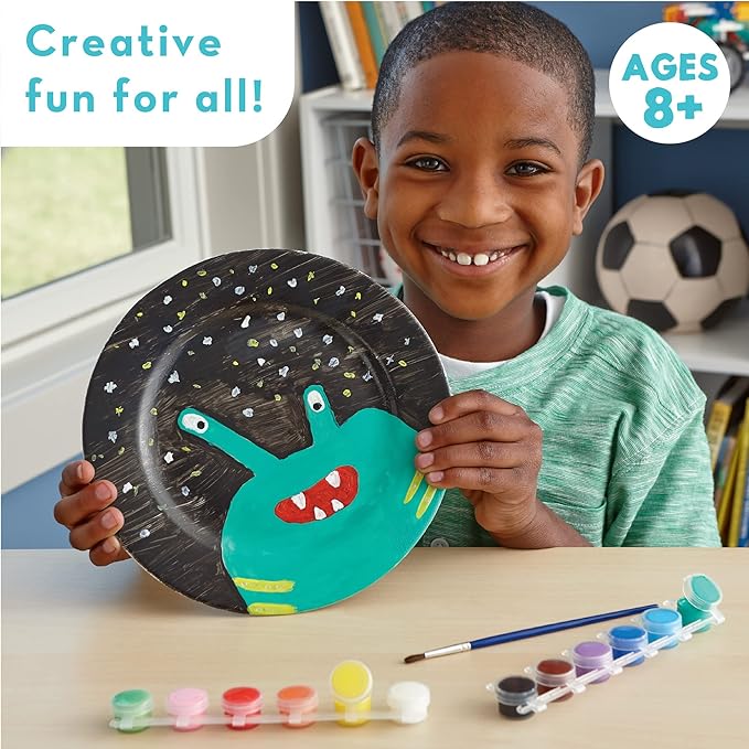 MindWare Paint Your Own Porcelain Plates - Kit Includes 2 Porcelain Plates, 12 Paints, 2 Paint Brushes, and 2 Stands