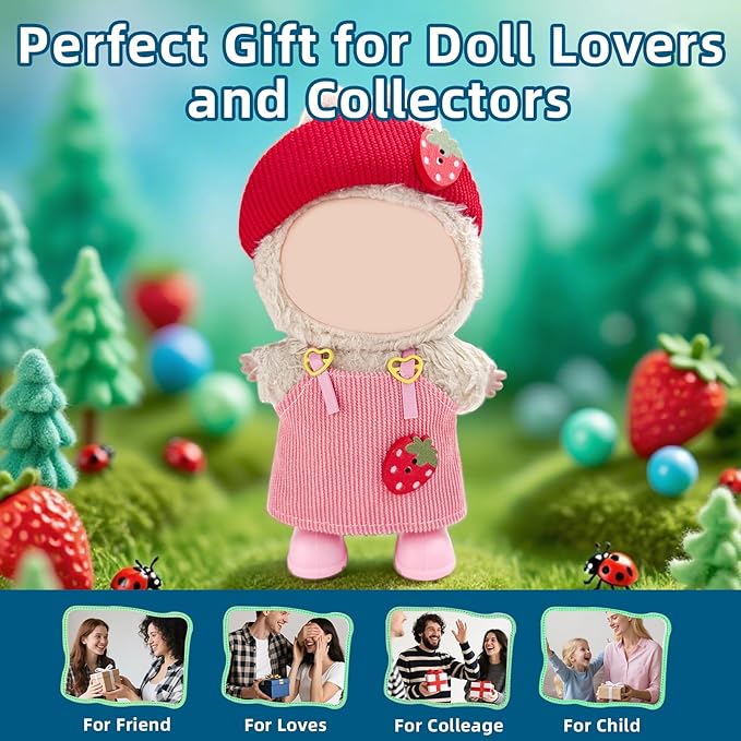 17cm Doll Clothes Set—3 Piece Set Hat Dress for 6.7in Plush Dol , Boys and Girls Stylish Adorable Dolls Clothes Accessories, Includes—Strawberry hat+Halter Dress+Shoes (Style C)