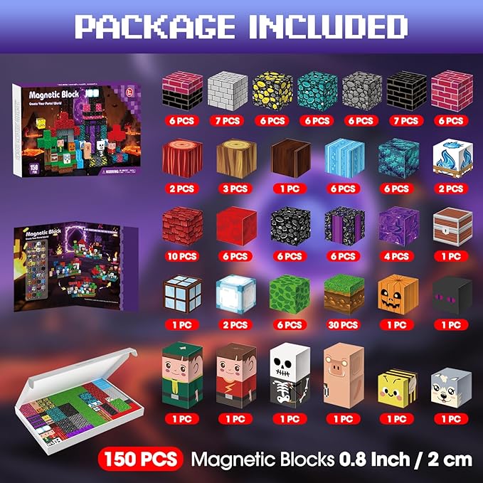 150PCS Magnetic Blocks - Magnet Tiles Toys for Kids, Magnetic Building Blocks Cubes, Stacking Magnets Toys for Kids, Birthday Gifts for Boys and Girls Age 3+ Years Old