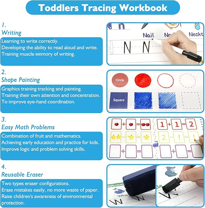 Handwriting Practice - Tracing Books for Kids Ages 3-5, Montessori Preschool Learning Activity, Autism Educational Learn Number Letters Shapes Animal & Sight Words Workbook with 8 Dry Erase Markers