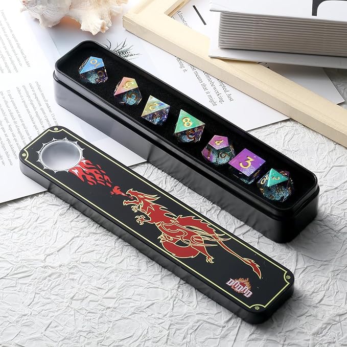 Iridescent Plating Glitter Liquid Core Sharp Dice, DNDND Handmade DND Resin Sharp Edge D&D Die with Gorgeous Gift Case for Dungeons and Dragon Tabletop Games (Iridescent Plating Liquid Core)
