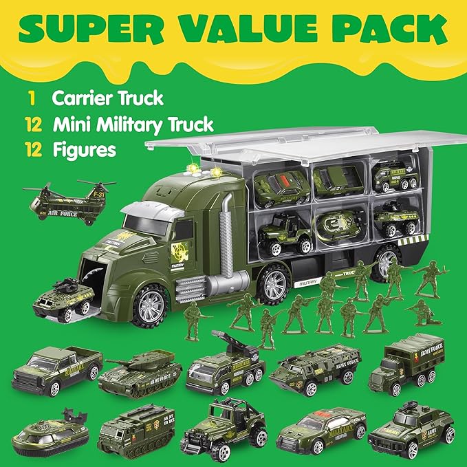 JOYIN 25 in 1 Military Kids Truck Toys for Age 3+, Toddler Boy Toys, Army Men Tanks Set with Soldier Men, Mini Battle Cars in Carrier Truck with Lights and Sounds, Christmas Great Gifts for Grandkids