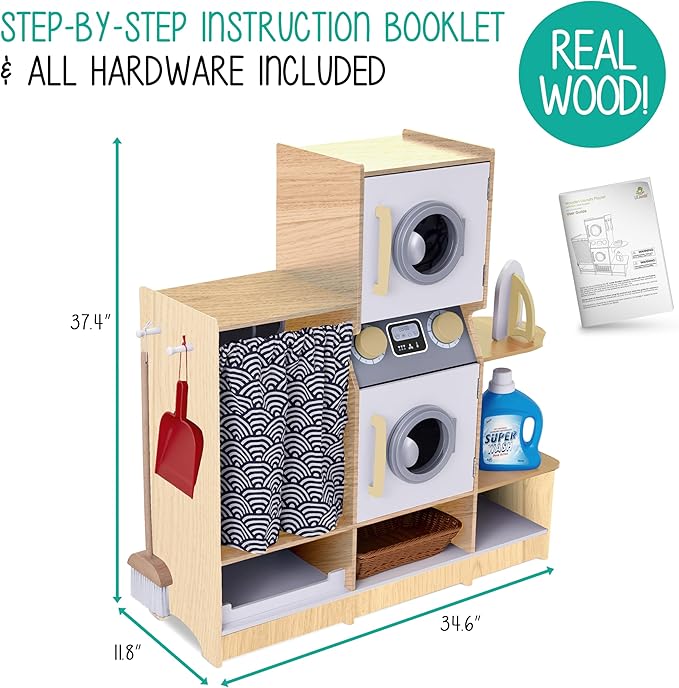 Lil’ Jumbl Kids Washer and Dryer Playset, Wooden Children's Pretend Laundry Set, Includes Broom, Dustpan, Iron, Hangers & Basket, Realistic Laundry Room for Kids - Natural