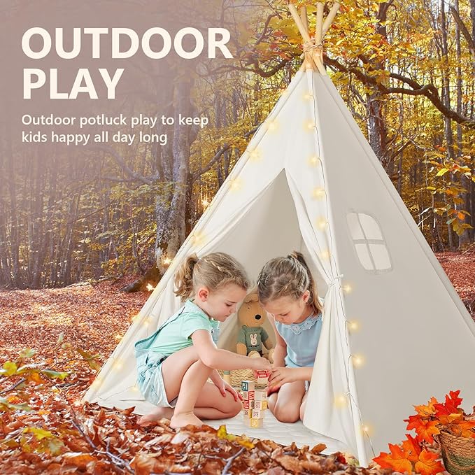 Sumbababy Teepee Tent for Kids Tent Indoor with Mat - Cotton Canvas White Toddler Tee Pee Tents Play House- Collapsible Tents for Slumber Party - Washable Tipi Boho Bedroom Gift Toys for Girls & Boys