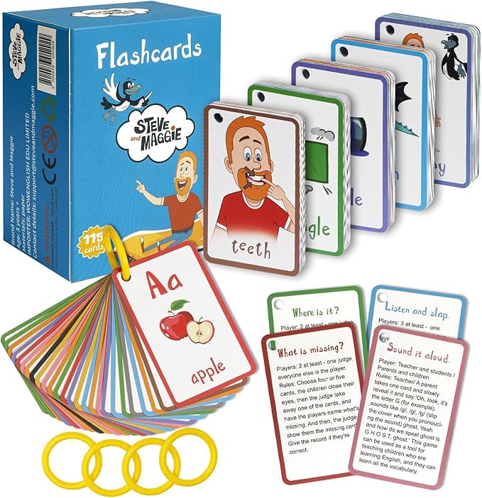 Steve and Maggie Sight Words Phonics Flash Cards - 115 Dolch Sightwords with Pictures,Literacy Learning Reading Cards Toy for Kindergarten,Home School Kids 3 4 5 Years Old