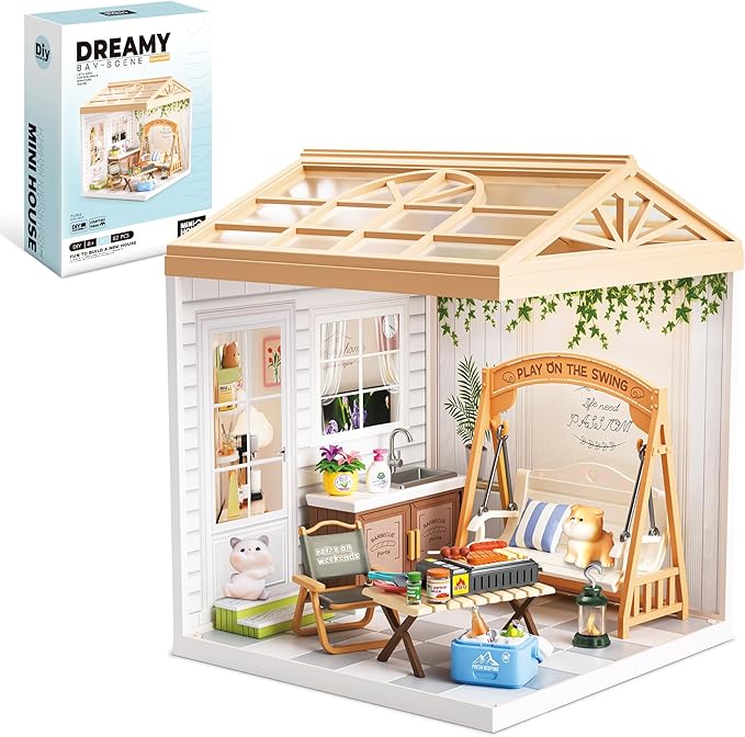 DIY Miniature House Kit Plastic House Building Toy Set with Roof & 2 Doors, Mini Dollhouse Kit with LED for Mini Figures Construction Toys Diorama Kit Gifts for Teens Adults (Happy Garden)