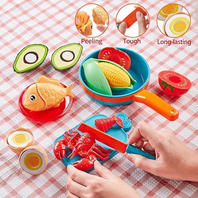 Play Kitchen Accessories - 46Pc Kids Kitchen Playset with Kids Pots and Pans Playset, Pizza Toy, Play Food with Play Fruit Veggies, Kitchen Toys, Cooking Utensils Toy, Apron, Boys Girls Gift