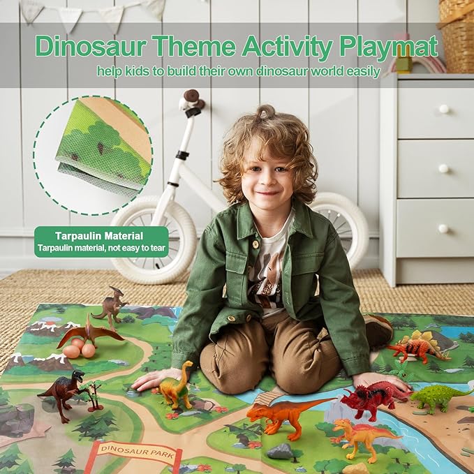 OuMuaMua Dinosaur Toys for Kids 3-5, Plastic Dinosaur Figures Set with Activity Play Mat Dinosaurs Eggs Storage Box for Boys Girls Party Favors Supplies, 5-7 Inch