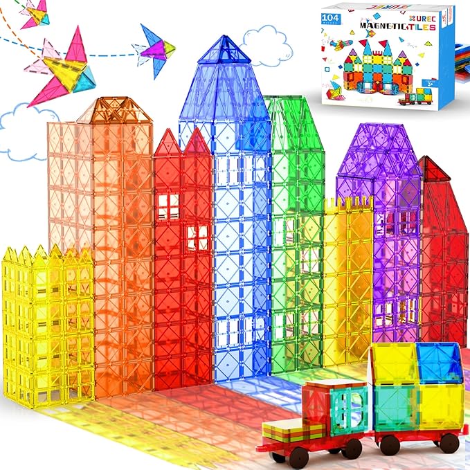 Magnetic Tiles - 104 Pieces Magnetic Blocks for Kids, Magnet Tiles Building Blocks Set with 2 Cars, Construction STEM Toys Gift for Kids Boys 3 4 5 6 7 8 9+ Year Old
