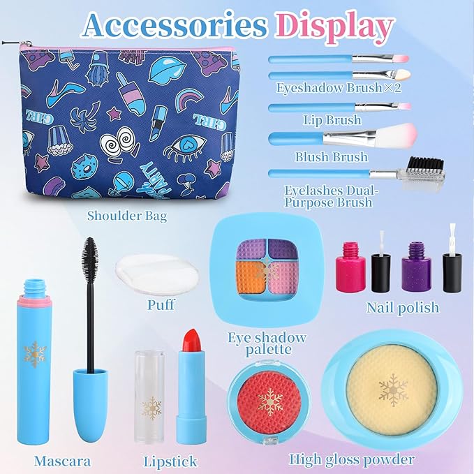 Toddler Girls Toys Pretend Makeup Kits - Fake Makeup Set for Kids 3 4 5 6 Year Old , Play Makeup Gift for Little Girls 3-5, Toddler Kit with Fake Make up Toy Birthday Gift (Blue)