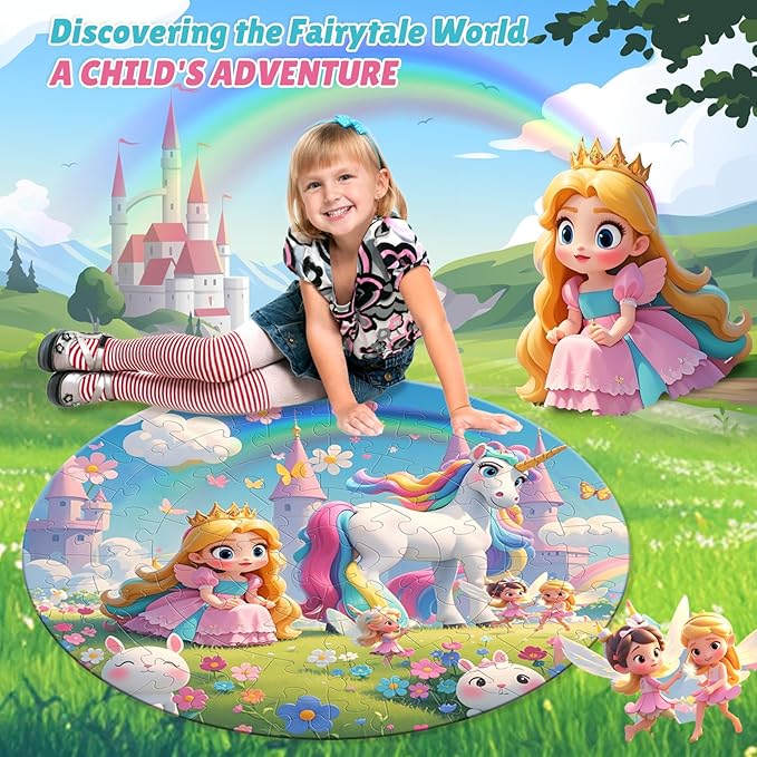 ELX 70 Piece Floor Puzzle for Kids Ages 4-8,Unicorn Princess & World Map Jigsaw Puzzles,Double-Sided Round Large Puzzles for Toddlers,Educational Toys for Boys & Girls (22.5 Inch)