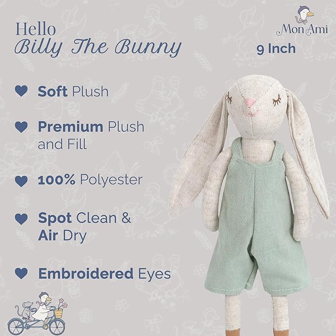MON AMI Billy The Bunny Stuffed Doll - 9", Soft & Cuddly Plush Animal Doll, Use as Toy or Room Décor, Great Gift for Kids of All Ages