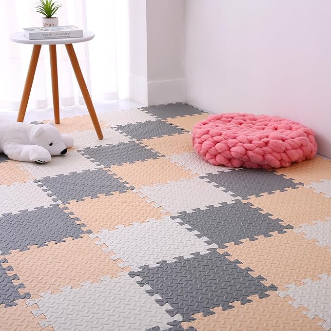 16 Tiles Foam Play Mat for Baby, Soft & Safe EVA Foam Mats for Floor, Square Interlocking Floor Mat, Solid Colored Kids Foam Puzzle Floor Mat, 47x47 Play Mat for Playpen(White/Beige/Gray)