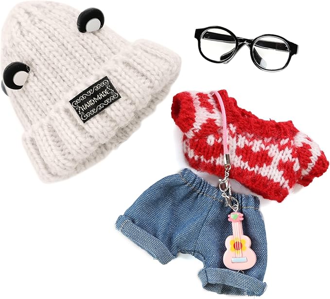 5 Pieces Doll Clothes for Labubu - Kawaii Chic Style Set for 17cm Dolls, Cute Doll Outfit with Accessories - Grey Bear Ears Hat + Red Sweater + Blue Jeans + Glasses + Small Guitar (Clothes Only)
