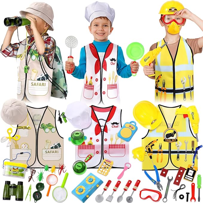 Deekin 3 Sets Kids Dress Up Clothes for Play Age 3-7 Ages, Toddler Dress Up Costumes Vest Role Play Community Helpers Construction Worker, Chef, Explorer for Boys Girls Costumes Accessories
