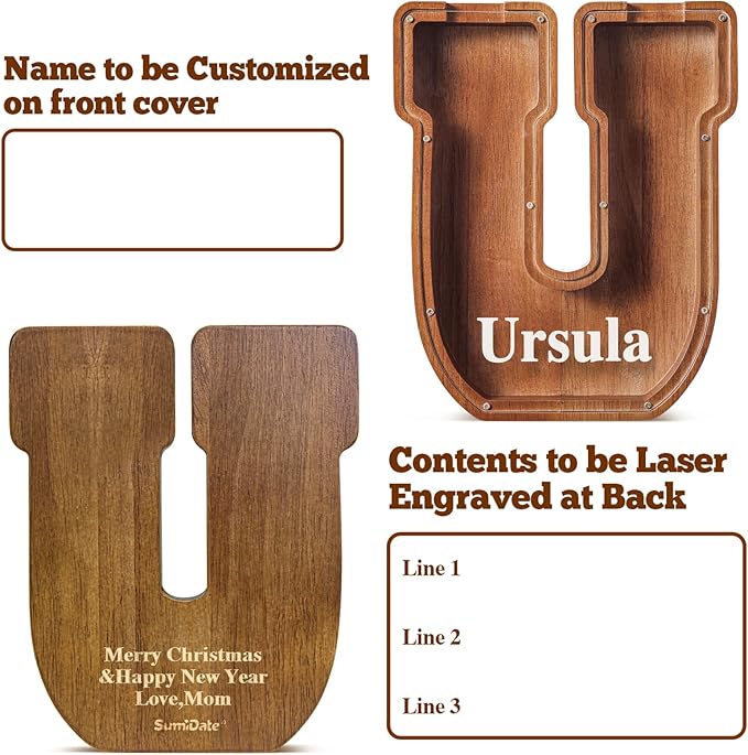 Summidate Customized Name Extra Large Wooden Piggy Bank for Kids Boys Girls Alphabets Letter A-Z Coins Bills Money Change Saving Box Clear Cover (Laser Engraved) Educational Toys 12"- Letter U