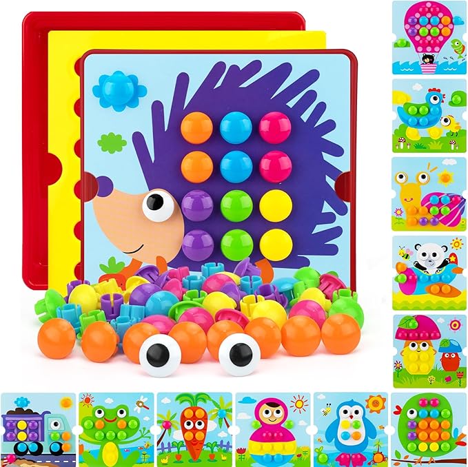 Button Art Toys for Toddlers, Crafts for Age 3-5, Early Educational Toys, Color Matching Mosaic Pegboard, Fine Motor Skills Game, Preschool Learning Activity Gifts for Boys & Girls 3+