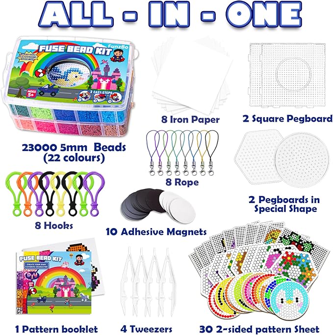 FUNZBO 23000 5mm Fuse Beads Kit - 22 Colors | 106 Patterns, Home School Arts and Crafts Supplies for Kids, Toys Set, Art Decorations for Room, Gifts for Girls and Boys Age 5+