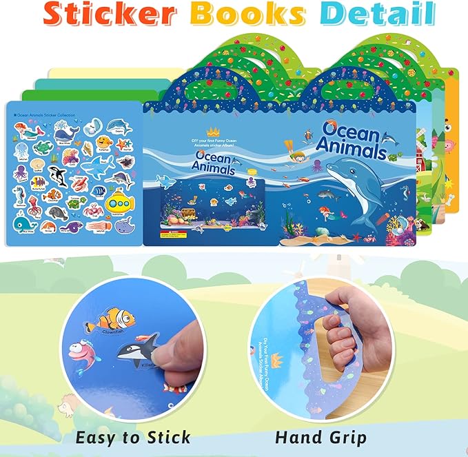 Reusable 4-Set Sticker Books for Toddlers 2-4, Toy Stickers Pad Reusable Sticker Books for Toddlers 1-3 Fashion Activity, Birthday Gift Toy for Girl Boy(Farm, Ocean Animals, Insects,Body)