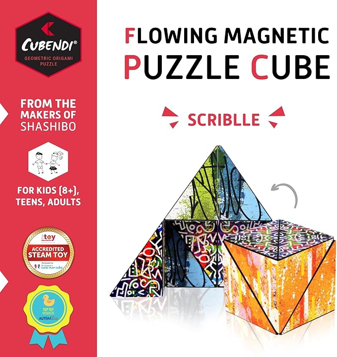 Geometric Origami Puzzle - Infinity Fidget Cube for Adults, Kids & Teens – Mesmerizing & Magnetic Shape Shifting Box w/ 48 Rare Earth Magnets - by Fun in Motion Toys (Scribble)