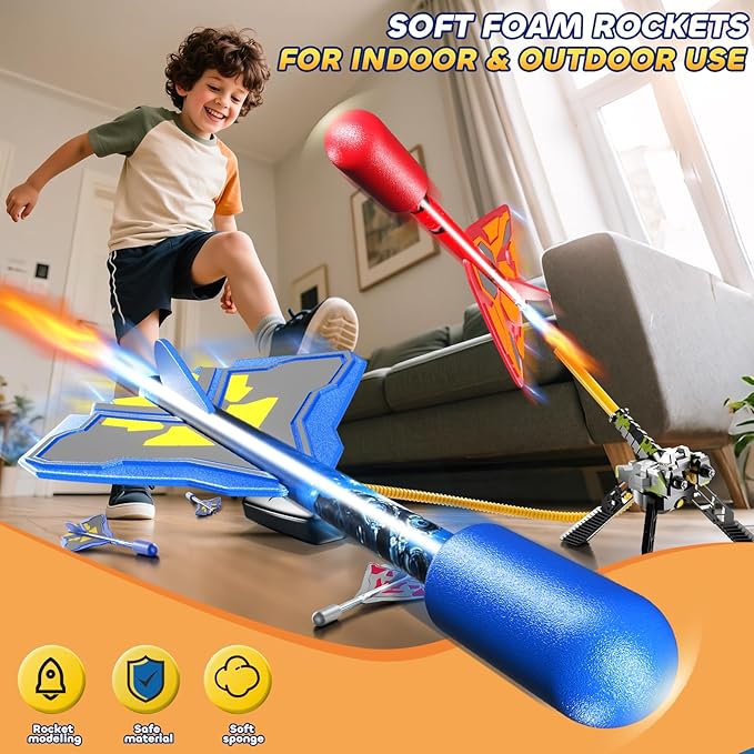 Rocket Launcher for Kids with 8 LED Airplane Rockets and 2 Tank Launcher, Outdoor Toys for Toddlers, Rockets for Kids Age 4-8, 2 3 4 5 Year Old Boy Birthday Gift, Launching up to 120+ Feet