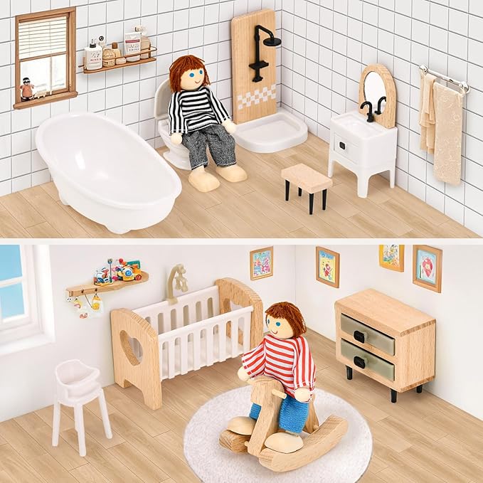 Toyssa Dollhouse Furniture Set, 36PCS Beech Wood and Plastic Miniature Doll House Accessories with Modern 5 Rooms & 4 Flexible Family Dolls, Pretend Play Toys Birthday Gift for Toddlers 3 4 5 6