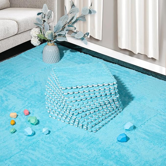 12 Pcs Plush Interlocking Carpet Tiles, Non-Toxic Foam Carpet Tiles for Toddler Baby, Machine-Washable, Anti-Slip, EVA Foam Interlocking Tiles for Floor, Nursery, Playroom, Blue