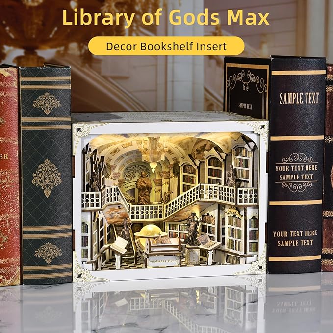 DIY Book Nook Kit, Miniature Dollhouse Booknook Kit, 3D Wooden Puzzle Bookend Bookshelf Insert with LED Light for Teens and Adults(Library of Gods Max)
