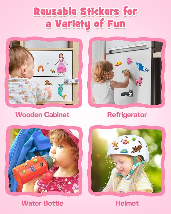 D-FantiX 3D Puffy Stickers for Toddlers 2-4 Years, Reusable Sticker Books for Girls Ages 4-8, Dress-Up, Princess, Mermaid, Pet, Car Road Trip Activities for Kids 3-5, Airplane Travel Essentials