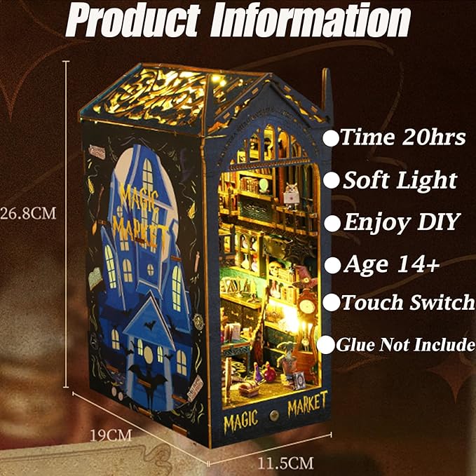 ISSEVE DIY Book Nook Miniature Kits for Adults, 3D Wooden Puzzle Dollhouse Miniature House Kit for Booknook Shelf Insert Decor, Creative Assembled Bookends Bookshelf with Sensor Light (Magic Market)
