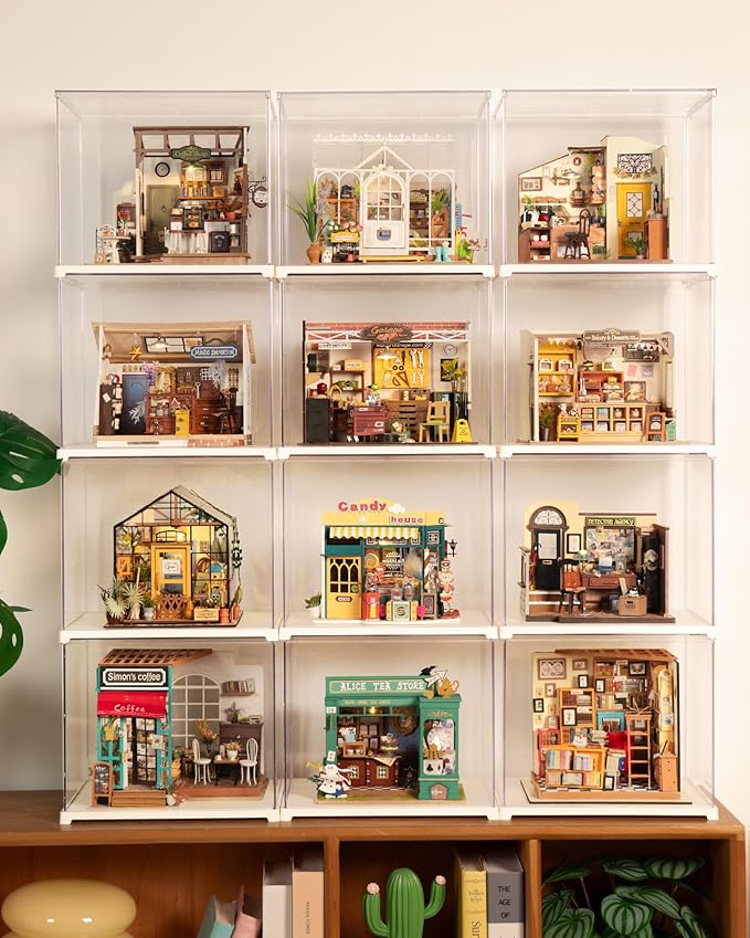 Rolife Dust Cover for Miniature House Building Sets Dsplay Case, Stackable Acrylic Display Box for Collectibles Storage Box with Door Dustproof Prevention (10.6x8.6x8.5inch)