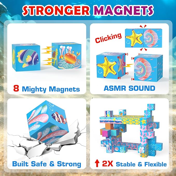 Glow-in-the-Dark Magnetic Building Blocks & & Tiles, 2025 Upgraded STEM Montessori Construction Toys, Ocean World Magnet Cubes, Christmas Birthday Gifts for Kids, Boys Girls Toddlers Ages 3-5 4-8 8-12