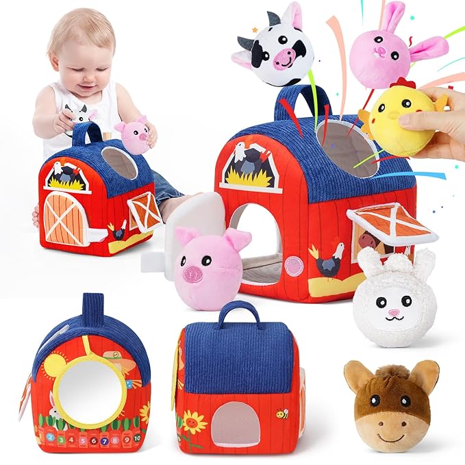 Soft Barn Baby Toys 6-12 Months with Stuffed Farm Animals, Rattle Squeaky Crinkle Sound & Mirror, Montessori Sensory Plush Infant Toy for 6 7 8 9 10 11 Month, 1 Year Old Baby Boy Girl Birthday Gifts