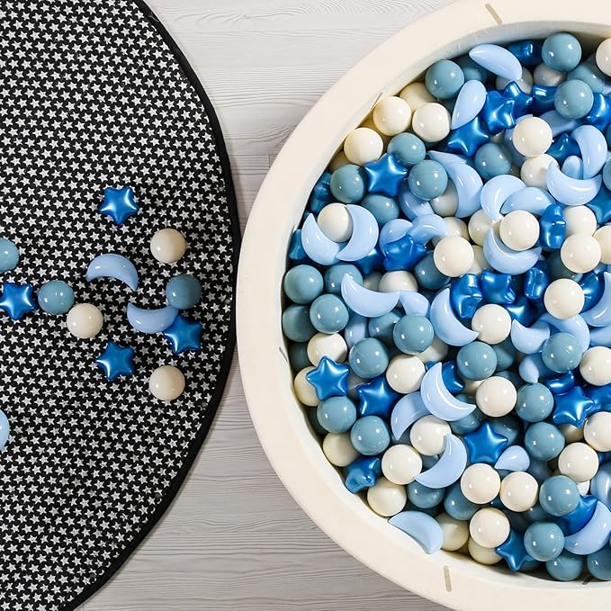 GOGOSO Ball Pit Balls Stars Moon Shapes Plastic Pitballs for Toddler Play Tent Baby Photo Props Kids Pool Water Toys Kiddie Pool Party Decor, Pearl Blue+Cream Blue+White,100PCS