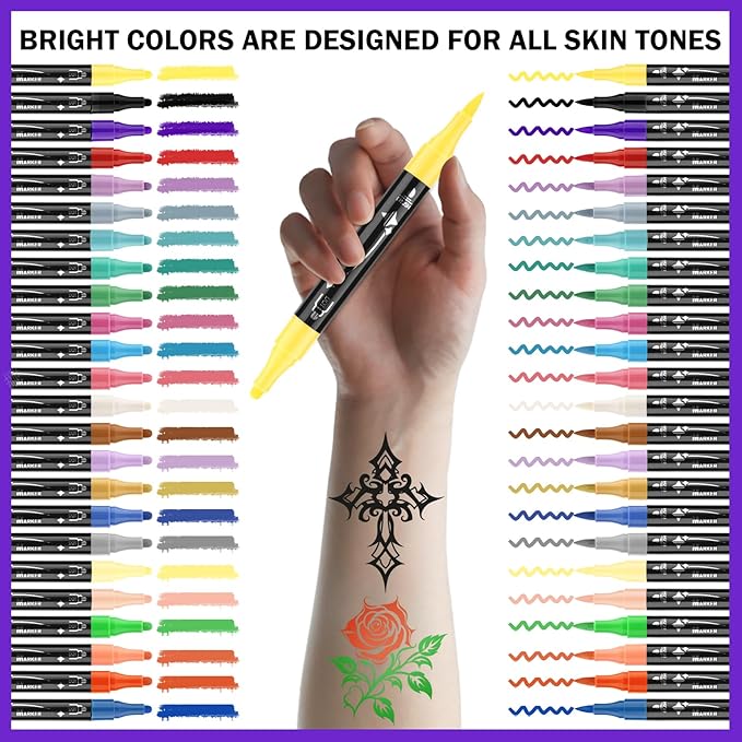 Ponhey Temporary Tattoo Markers for Skin, 24 Body Markers+67 Large Tattoo Stencils,Dual-End Tattoo Pens,Fine Lines with Cosmetic-Grade,Flexible, Skin-Safe Face Paint Kit for Kids Teenage Adults