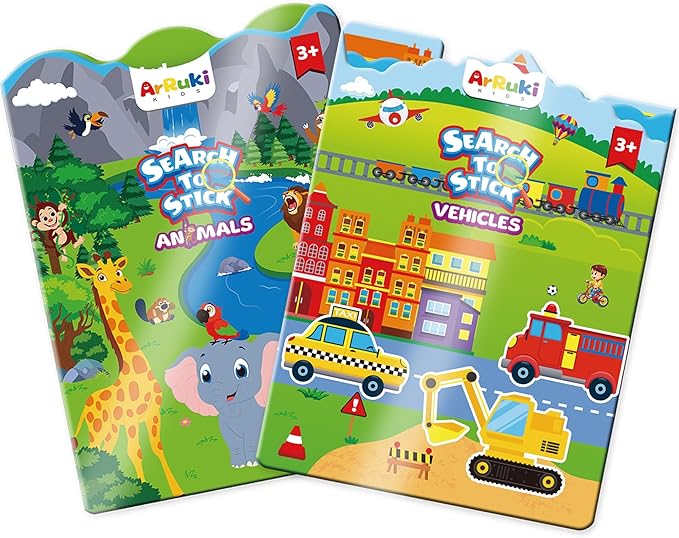 Reusable Sticker Books with 100 PCS Jelly Stickers, 2 Sets Toddler Activity Book for Girls Boys, Toddler Craft Activities-Safari, Vehicles